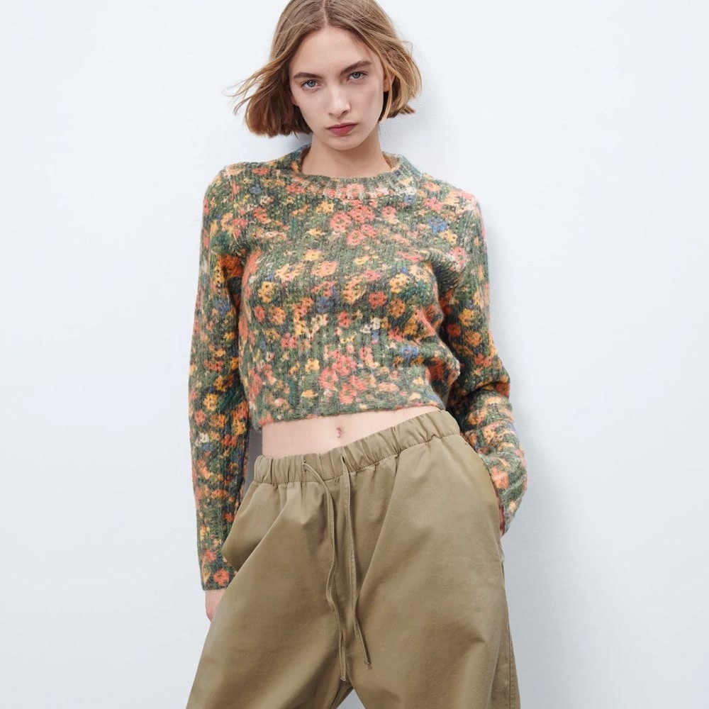 Zara Multicolor Floral Cropped knit sweater - size small - NWOT